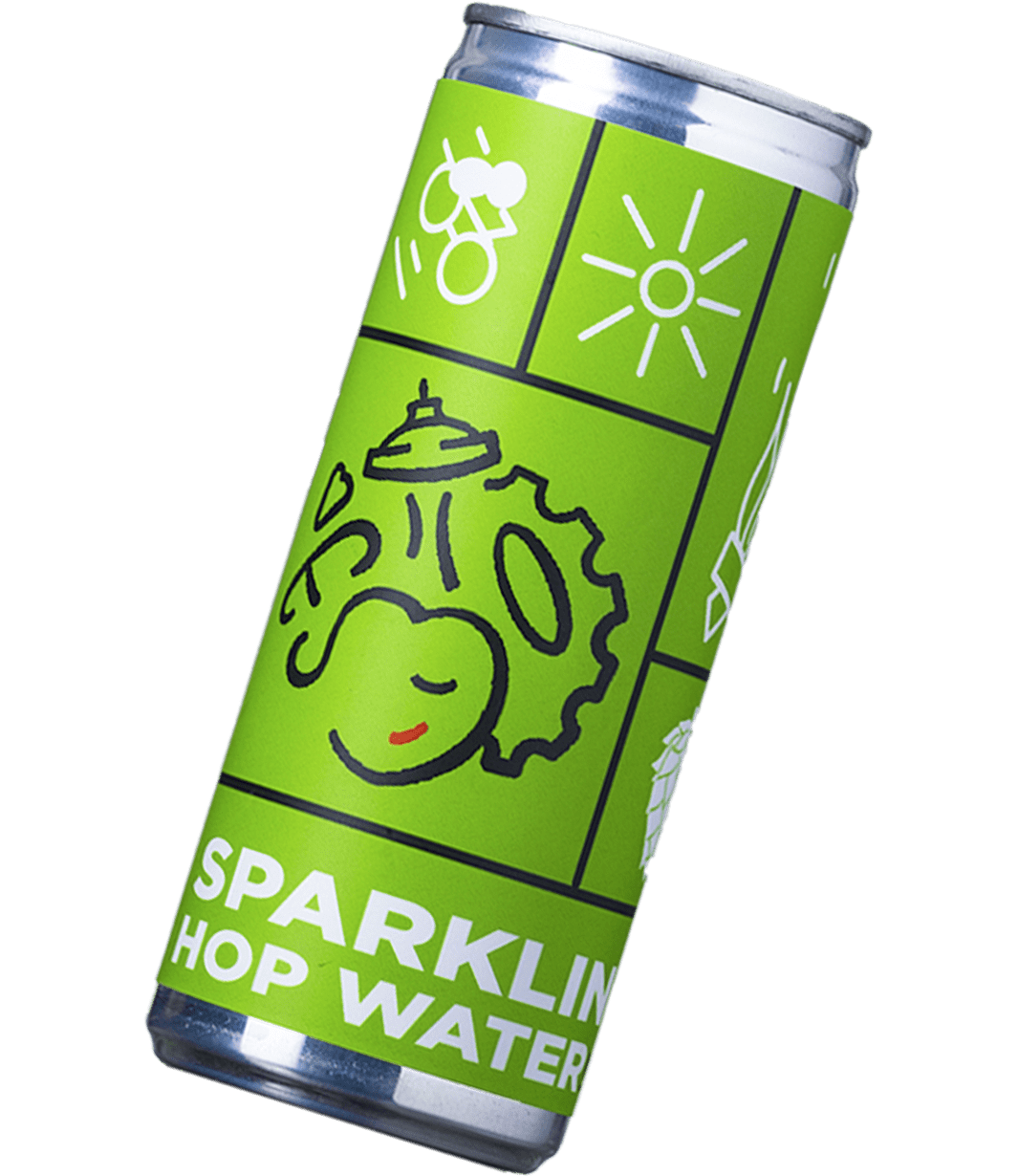 The green Metier 'Sparkling Hop Water' can with the Metier logo.
