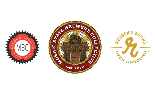 Logos for Metier Brewing Company, Mosaic State Brewers Collective, and Reuben's Brews